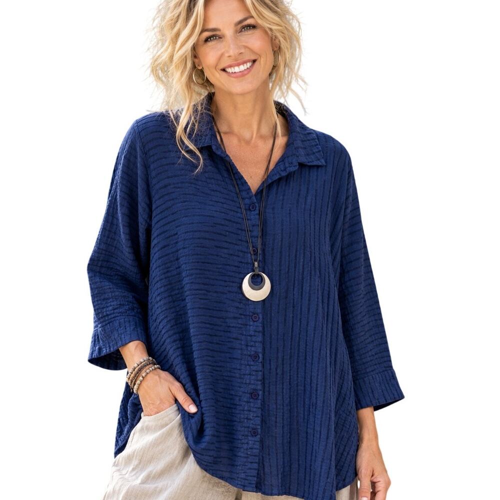 Habitat NEW Easy Tunic Womens XL Royal Blue Button Front Top Lagenlook Artsy